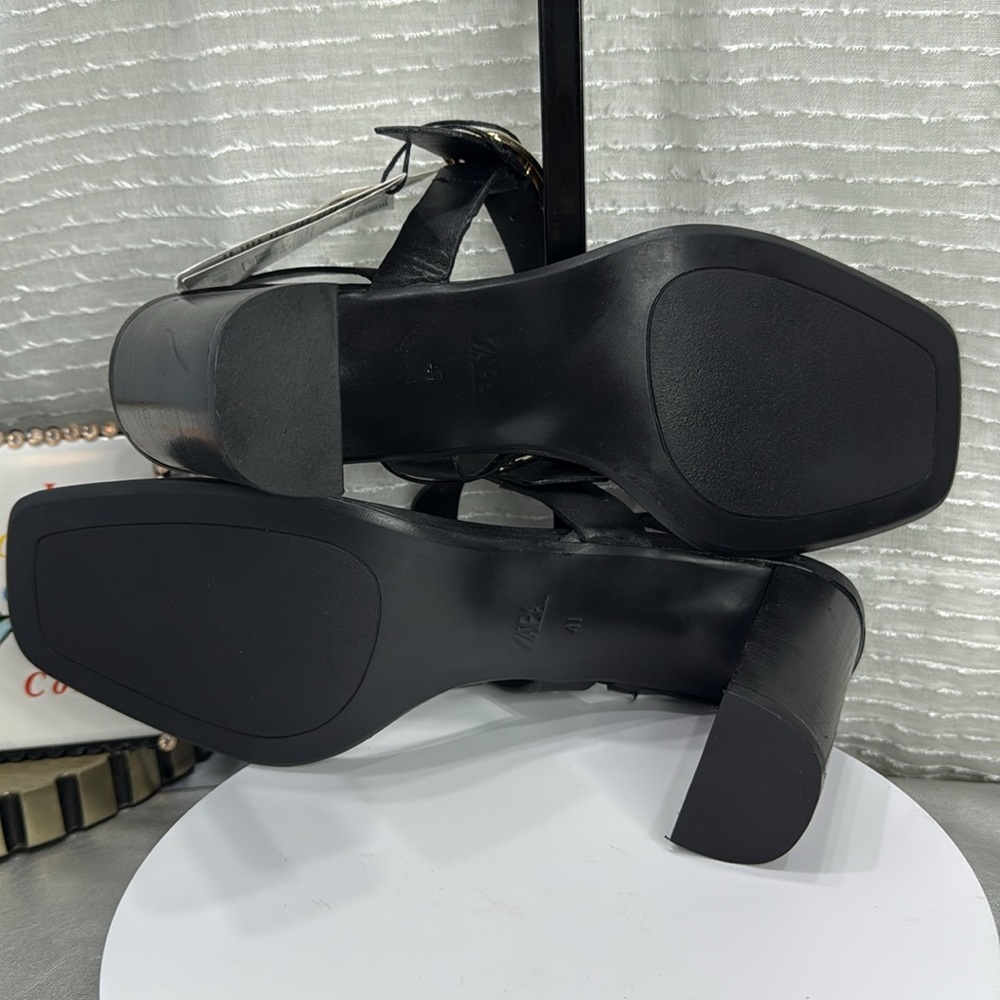 (C2) Zara Black NWT Leather Heeled Buckle Sandals, Size 41/10 USA - Picture 9 of 16